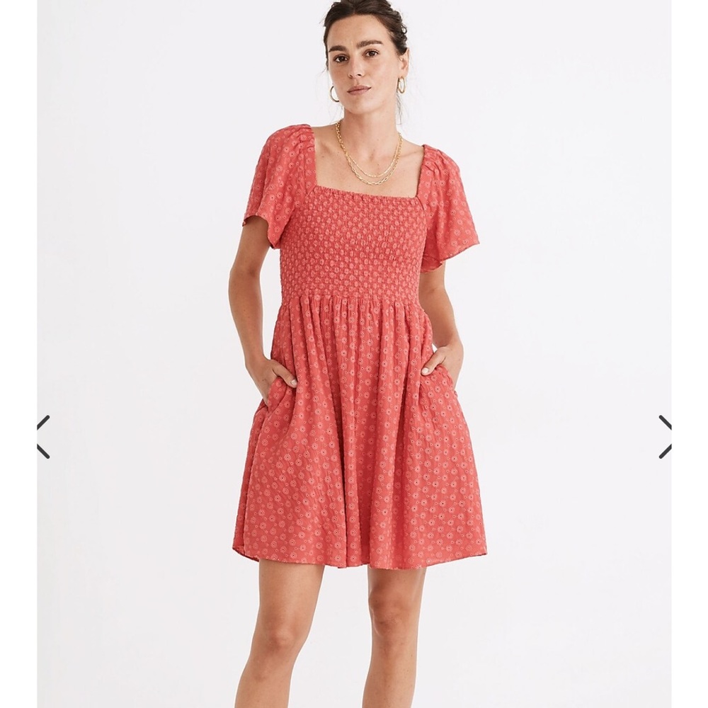 Madewell Red Petite Eyelet Lucie Smocked Mini Dress